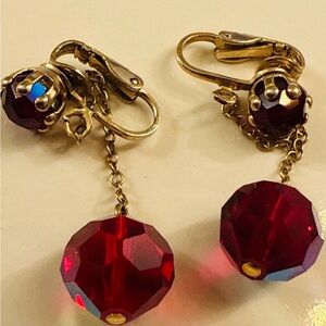 Vintage Gold and Red Crystal Drop Earrings